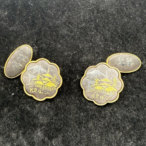 Vintage Japanese Damascene K24 Gold Inlay Cufflinks – Pagoda Landscape Design” - Picture 1 of 2